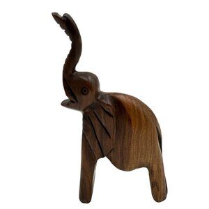 Carved Wood Elephant Figurine 9" Tall | Trunk Up | Lucky Decor | 13 oz